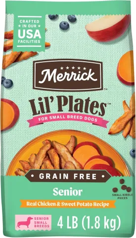 Merrick Lil Plates Premium Grain Free Senior Dry Dog Food For Small Dogs, Real Chicken, Sweet Potato Kibble - 4.0 lb. Bag