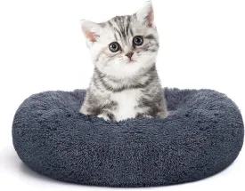 MIXJOY Calming Cat Beds for Indoor Cats, 20'' Kitten Donut Bed for Pet Up to 15lbs, Fluffy Small Cat Cuddler Bed, Anti-Anxiety Plush Faux Fur Large Cat Bed Washable (20'', Grey-Blue)