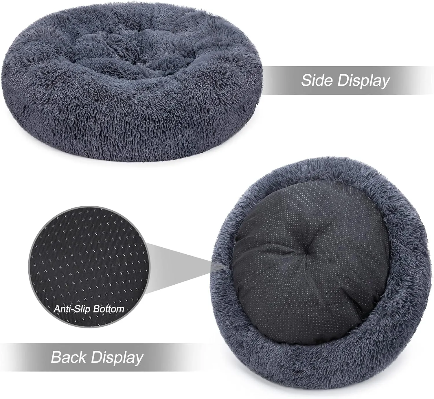 MIXJOY Calming Cat Beds for Indoor Cats, 20'' Kitten Donut Bed for Pet Up to 15lbs, Fluffy Small Cat Cuddler Bed, Anti-Anxiety Plush Faux Fur Large Cat Bed Washable (20'', Grey-Blue)