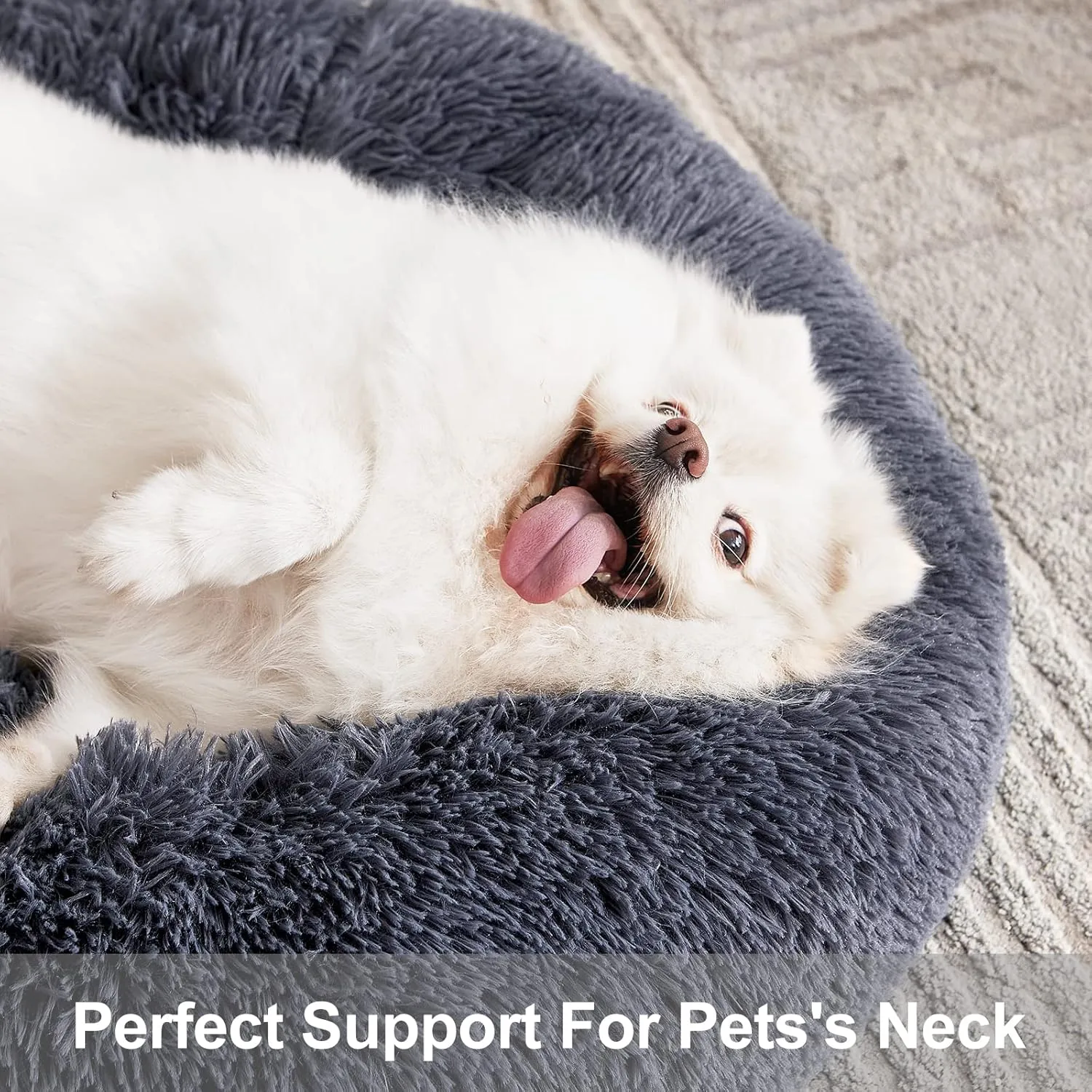 MIXJOY Calming Cat Beds for Indoor Cats, 20'' Kitten Donut Bed for Pet Up to 15lbs, Fluffy Small Cat Cuddler Bed, Anti-Anxiety Plush Faux Fur Large Cat Bed Washable (20'', Grey-Blue)