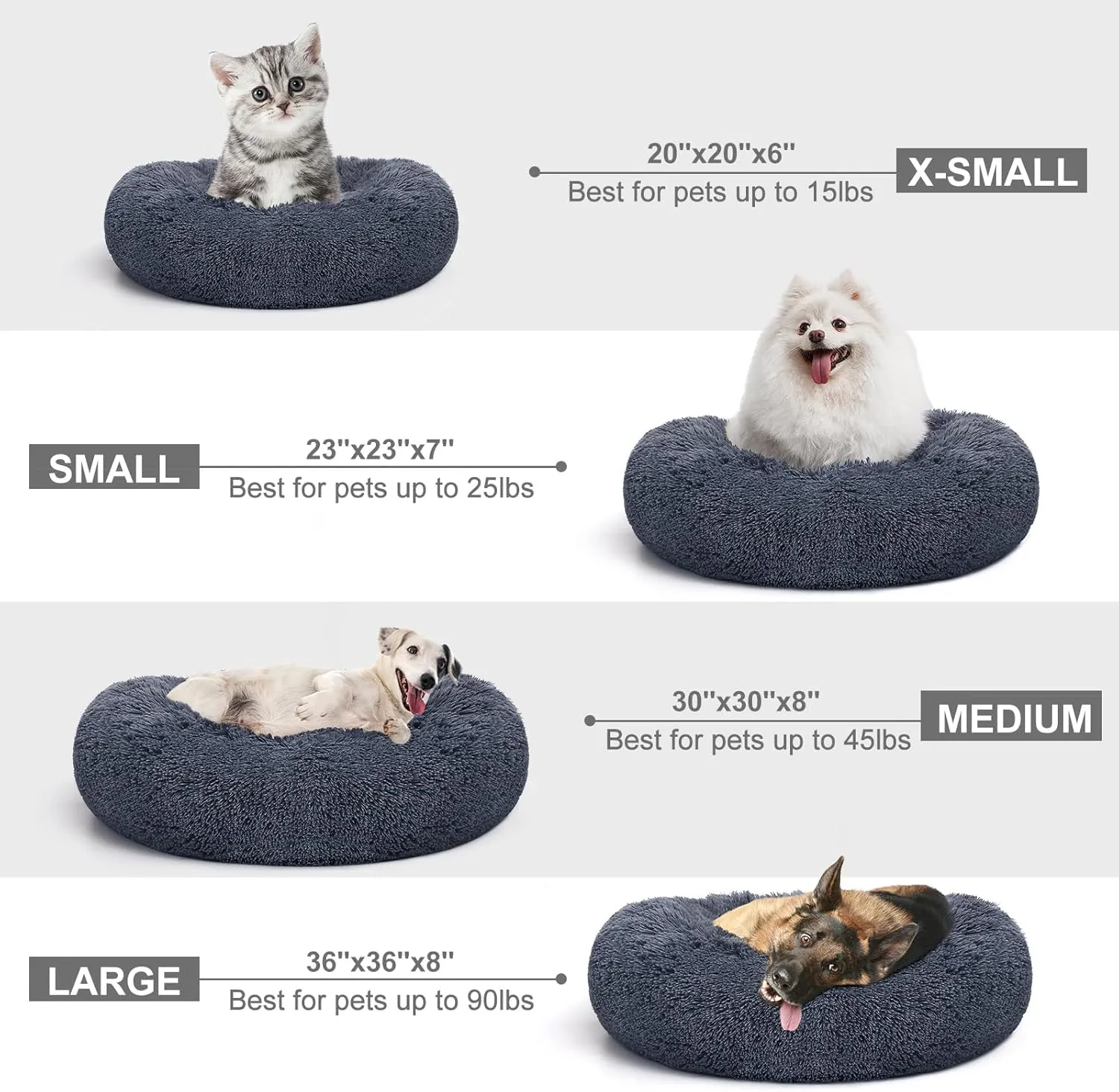 MIXJOY Calming Cat Beds for Indoor Cats, 20'' Kitten Donut Bed for Pet Up to 15lbs, Fluffy Small Cat Cuddler Bed, Anti-Anxiety Plush Faux Fur Large Cat Bed Washable (20'', Grey-Blue)