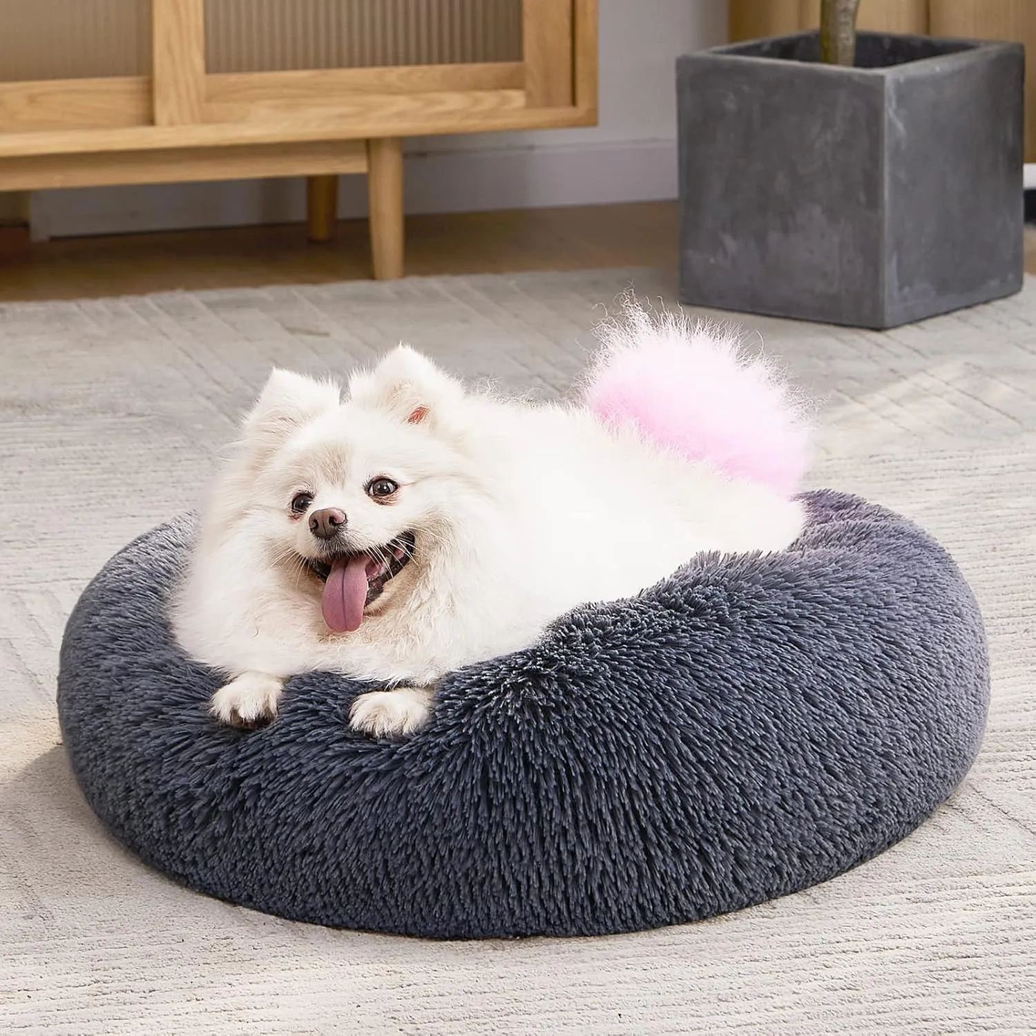 MIXJOY Calming Cat Beds for Indoor Cats, 20'' Kitten Donut Bed for Pet Up to 15lbs, Fluffy Small Cat Cuddler Bed, Anti-Anxiety Plush Faux Fur Large Cat Bed Washable (20'', Grey-Blue)