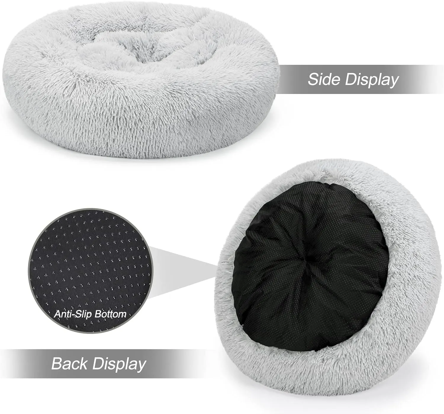 MIXJOY Calming Cat Beds for Indoor Cats, 20'' Kitten Donut Bed for Pet Up to 15lbs, Fluffy Small Cat Cuddler Bed, Anti-Anxiety Plush Faux Fur Large Cat Bed Washable (20'', Grey)