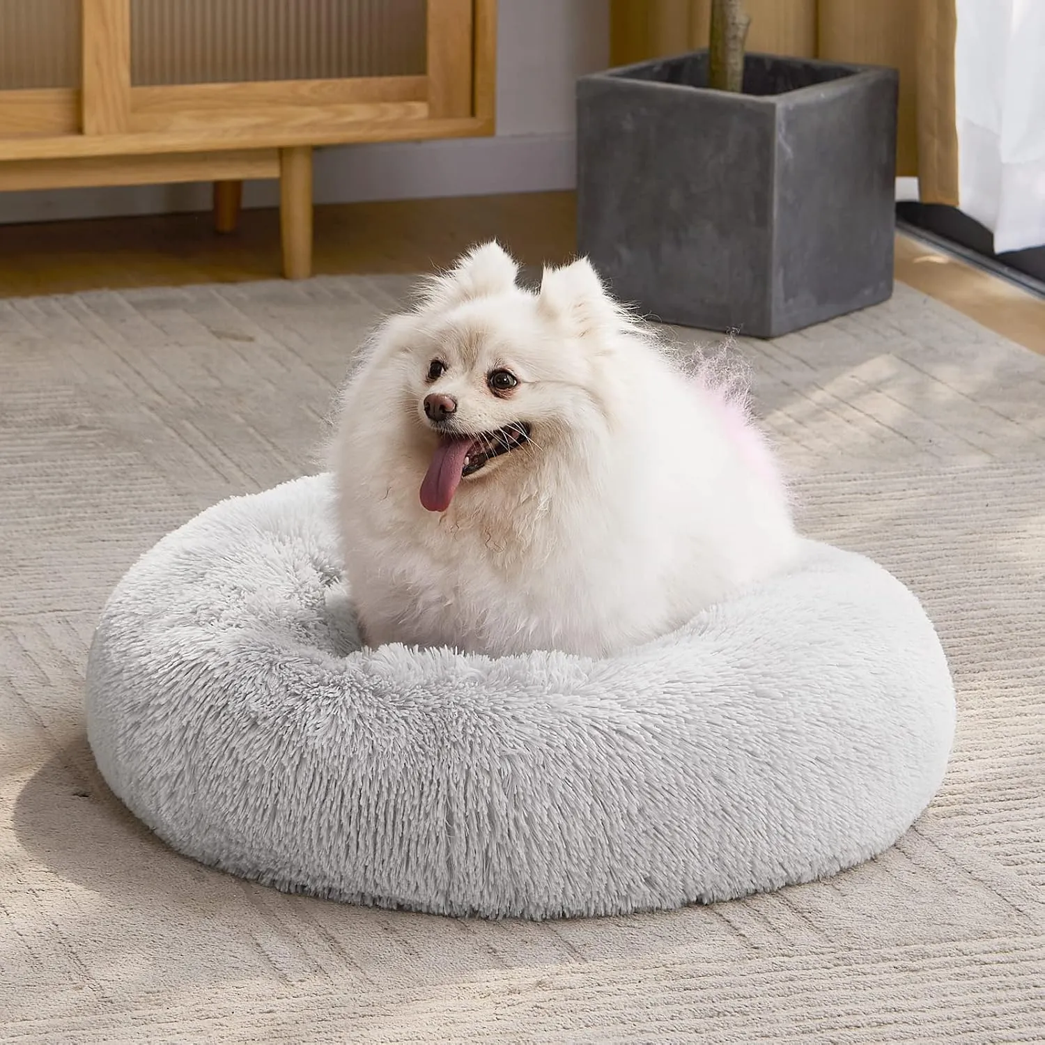 MIXJOY Calming Cat Beds for Indoor Cats, 20'' Kitten Donut Bed for Pet Up to 15lbs, Fluffy Small Cat Cuddler Bed, Anti-Anxiety Plush Faux Fur Large Cat Bed Washable (20'', Grey)