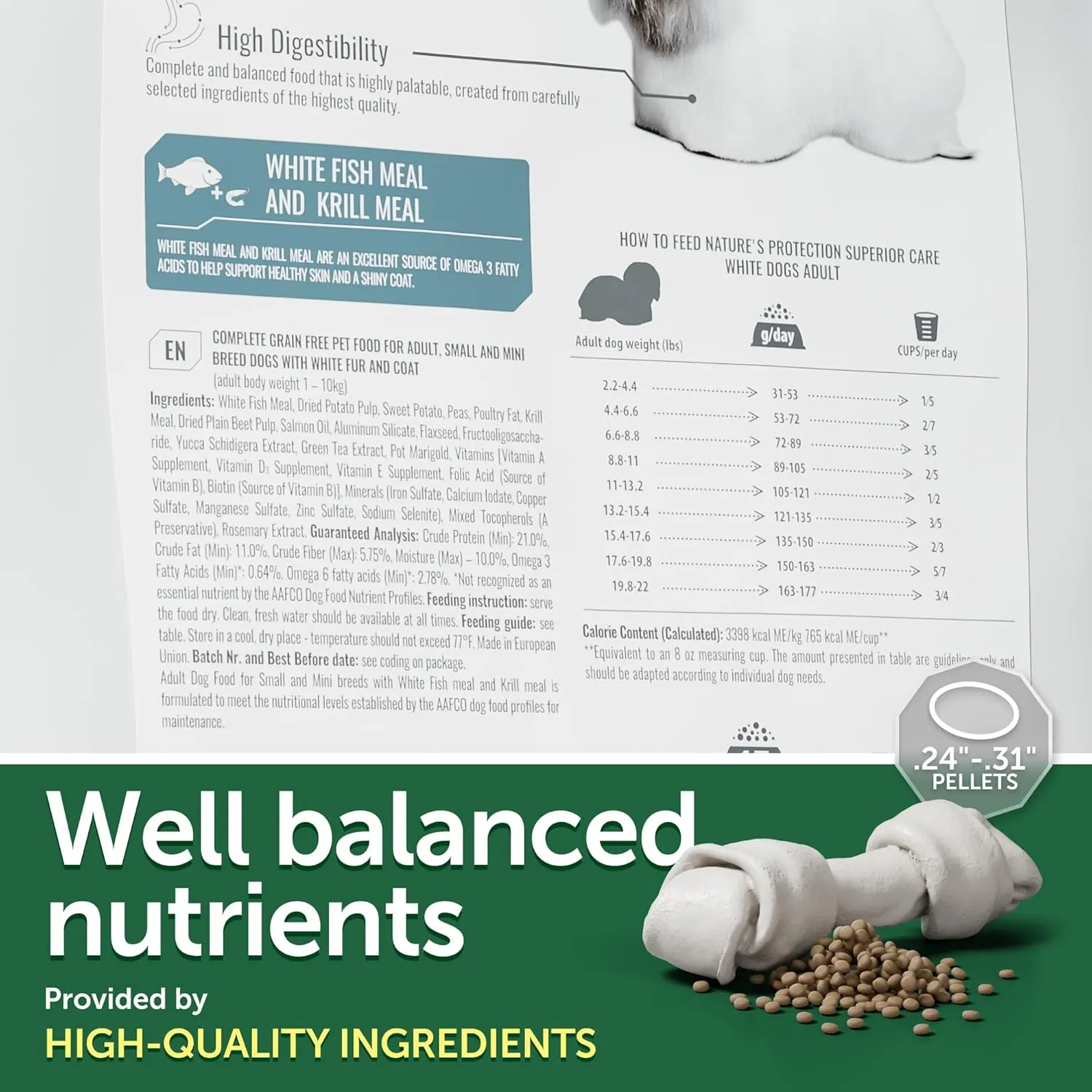 Nature's Protection Superior Care White Dogs Grain-Free Dry Dog Food - High Protein, Tear Stain Dog Food for Small & Mini Breeds Light Coated Adult Dogs, Fresh Pet Meal, White Fish, 3.3 lb