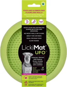 New LickiMat UFO Green - Bathing, Shower & Grooming Distractor. Natural Rubber Large Soother Licking Nubs Soft and runny Treats. Unique Food and Dribble Catcher Design. Slow Feeder Dog Bowl