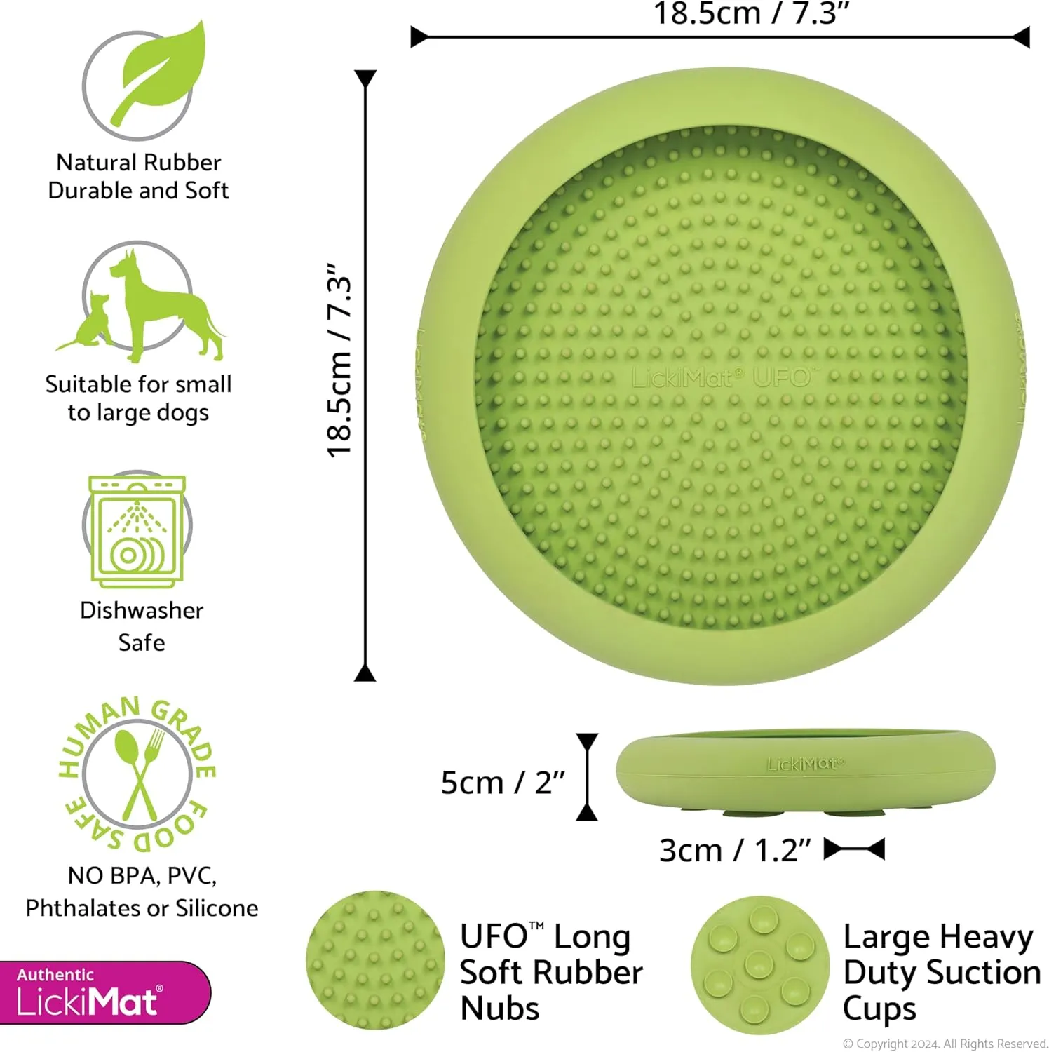 New LickiMat UFO Green - Bathing, Shower & Grooming Distractor. Natural Rubber Large Soother Licking Nubs Soft and runny Treats. Unique Food and Dribble Catcher Design. Slow Feeder Dog Bowl