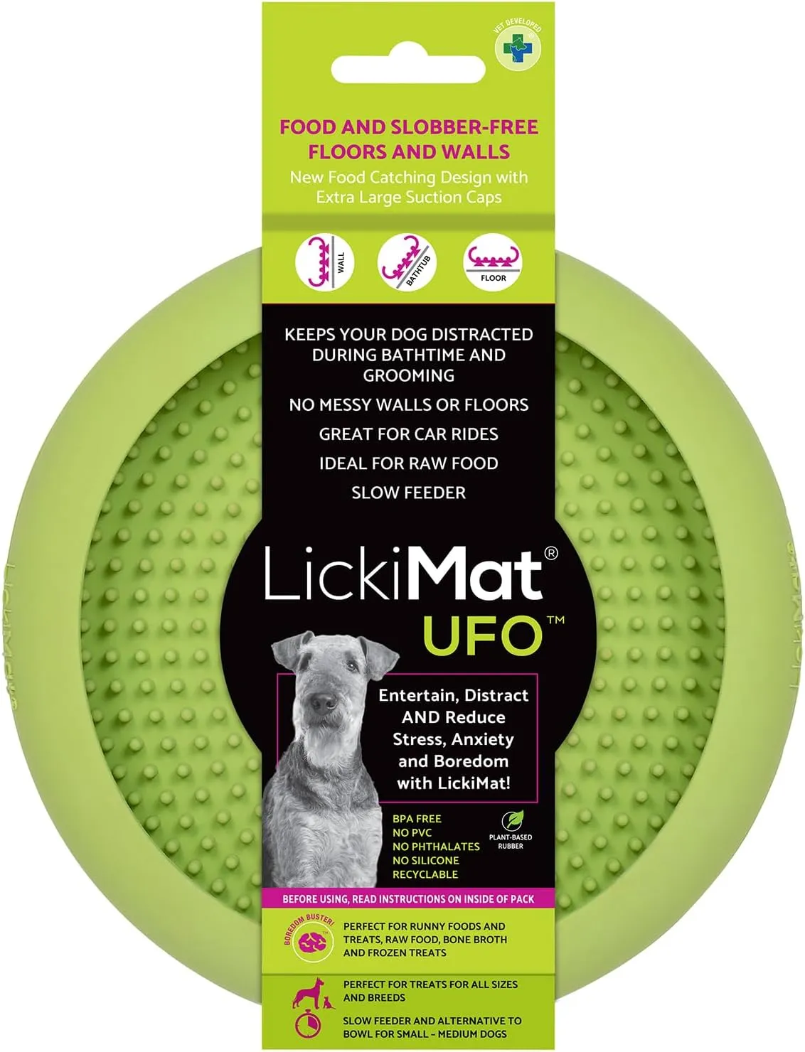 New LickiMat UFO Green - Bathing, Shower & Grooming Distractor. Natural Rubber Large Soother Licking Nubs Soft and runny Treats. Unique Food and Dribble Catcher Design. Slow Feeder Dog Bowl