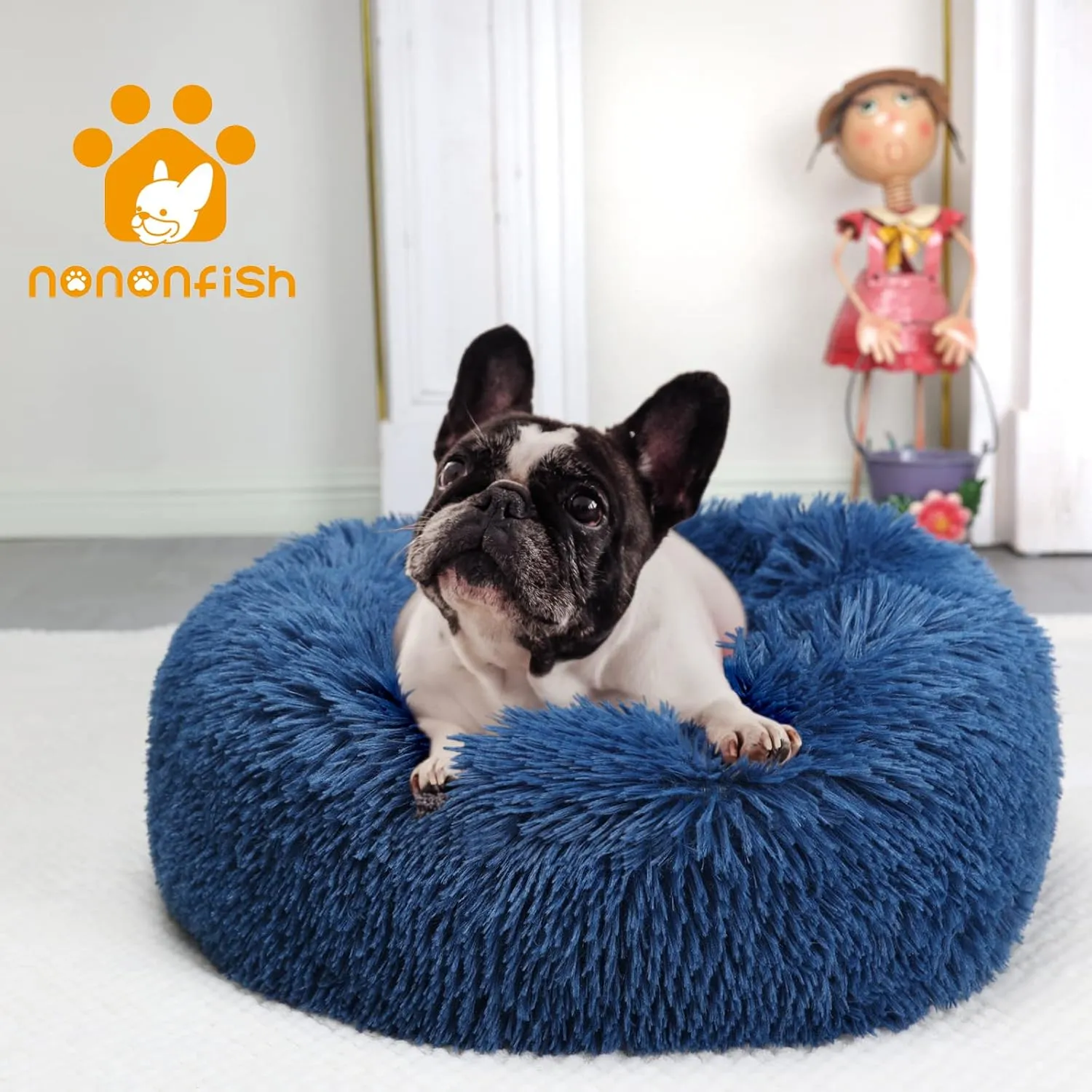 nononfish Puppy Bed for Small Dogs Washable with Anti-Anxiety Donut Calming ed Fits up to 15 lbs Pets,23 Inches Navy Blue
