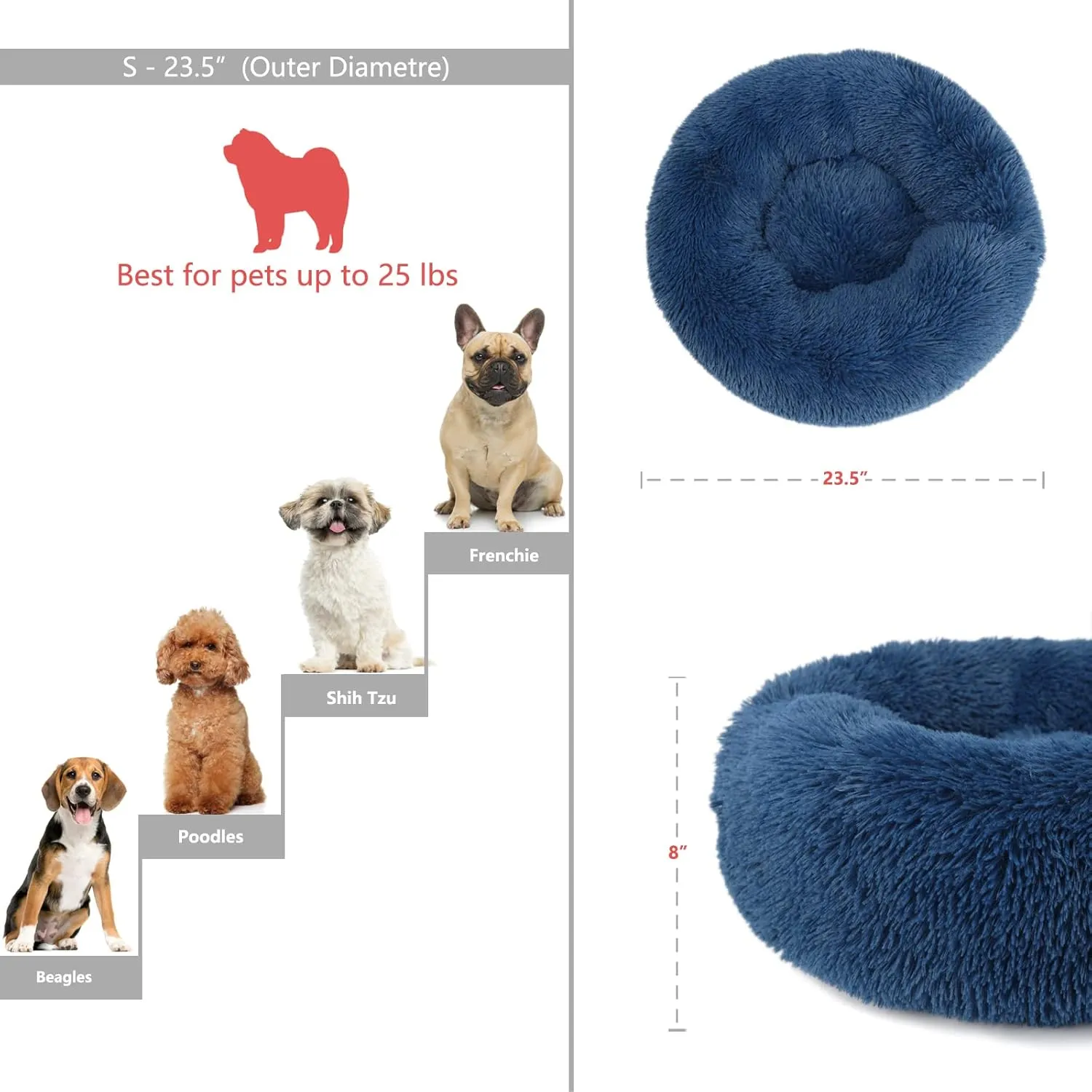 nononfish Puppy Bed for Small Dogs Washable with Anti-Anxiety Donut Calming ed Fits up to 15 lbs Pets,23 Inches Navy Blue