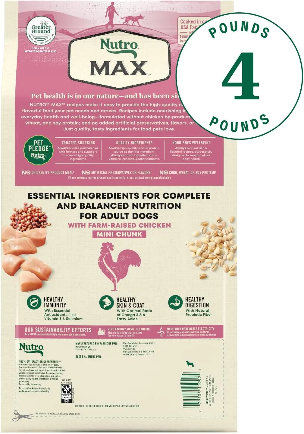 Nutro Max Adult Mini Chunk Dry Dog Food with Farm-Raised Chicken, 4 lb. Bag