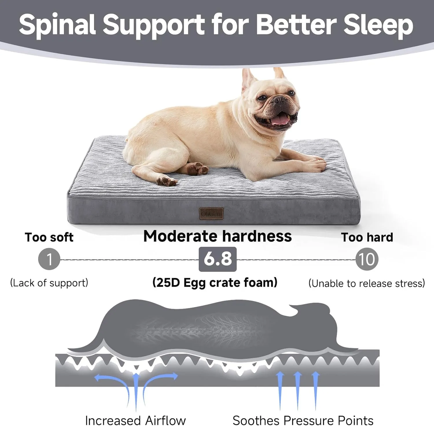 OhGeni Orthopedic Waterproof & Machine Washable Dog Bed for Small Medium Pets, Suitable for Crates, 25D Egg Crate Foam, Non-Slip Bottom & Removable Cover, Invisible Zipper, 30 Inches(Gray)