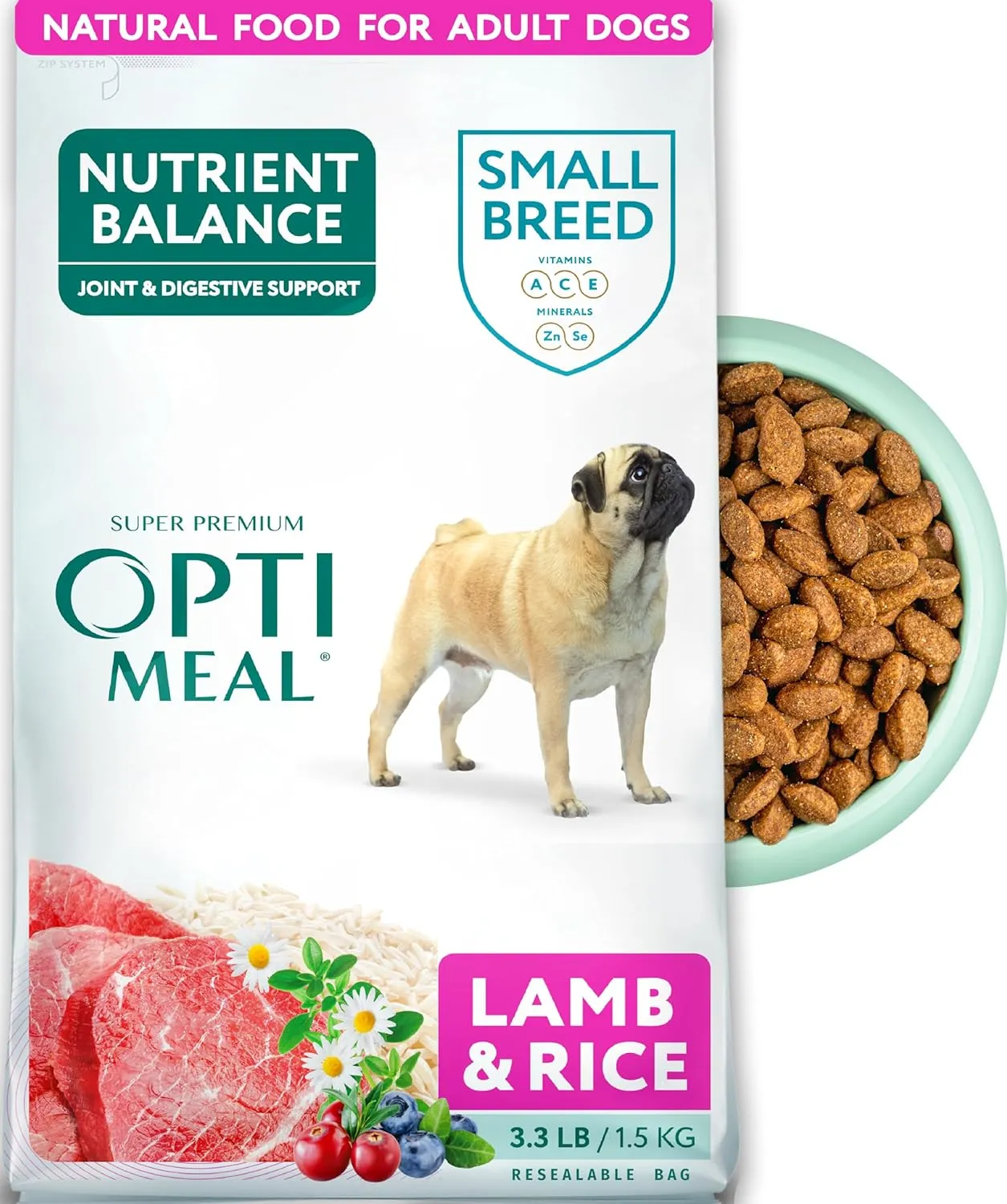 Optimeal Small Breed Dry Dog Food  Small Kibble for Small Dogs, High Protein, Natural Ingredients, Skin & Digestive Support, Premium Balanced Nutrition, European Quality (Lamb & Rice, 3.3 lbs)