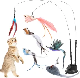 ORIA Interactive Cat Toys Set, 6 PCS Replacements Feathers Toys, Bird Simulation Cat Wand Toy, Self-Holding Suction Cup for Indoor Cats, Kitten Play & Exercise