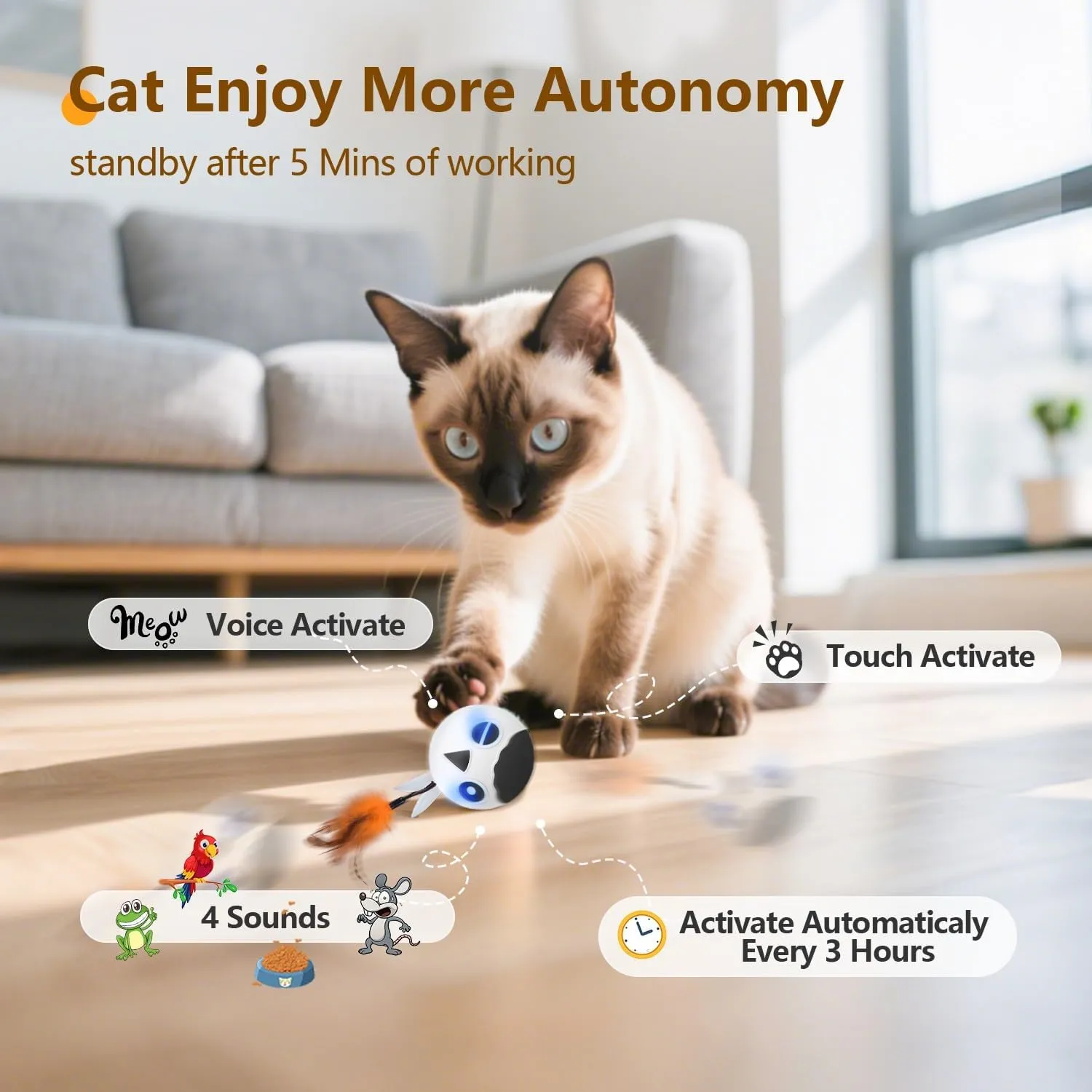 ORSDA Cat Ball Toys, Interactive Cat Toy for Indoor Bored Indoor Cats Kitten Toys, Automatic Electric Bird Moving Ball Toy, 4 Mode Voice & Touch Control Rolling Chirping Stimulating, 2 Feather Tails