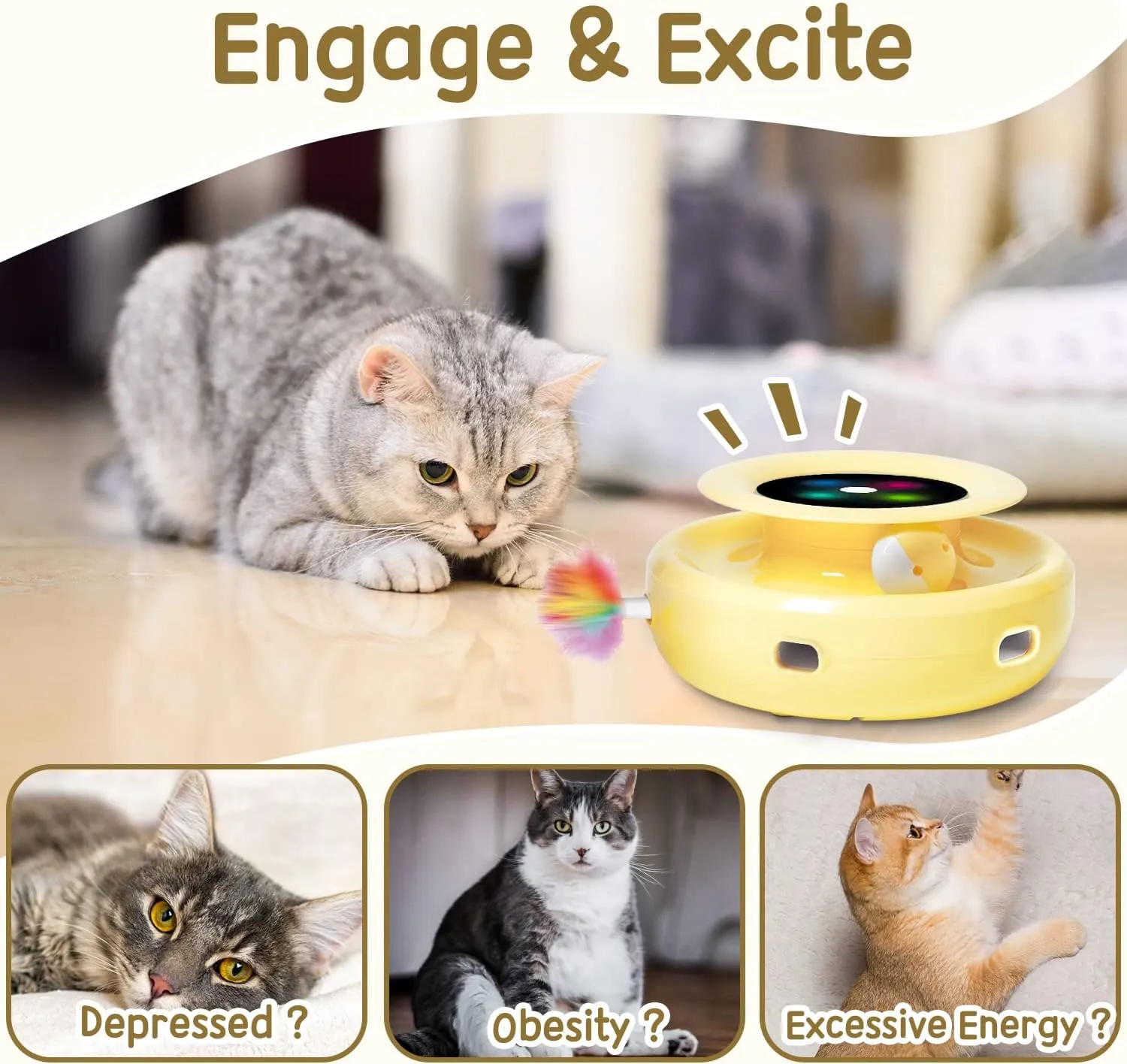 ORSDA Cat Toys 2-in-1 Interactive Cat Toys for Indoor Cats, Automatic Cat Toy Balls, Ambush Feather Kitten Toys with 6pcs Feathers, Dual Power Supplies, Adjustable Speed, Auto On/Off