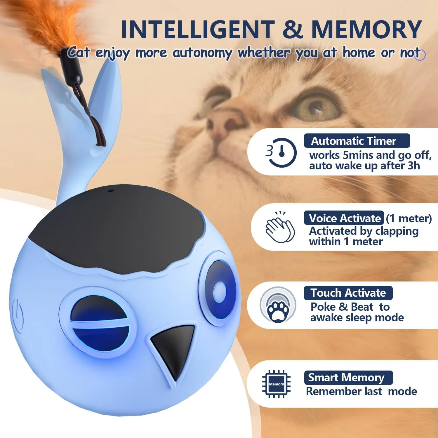 ORSDA Cat Toys, Interactive Cat Toy for Indoor Cats, Automatic Moving Ball Bird for Indoor Adult Cats Kitten Toys All Breeds, Fast Rolling Motion Activated Chirping Stimulating Light, 2 Feather Refill