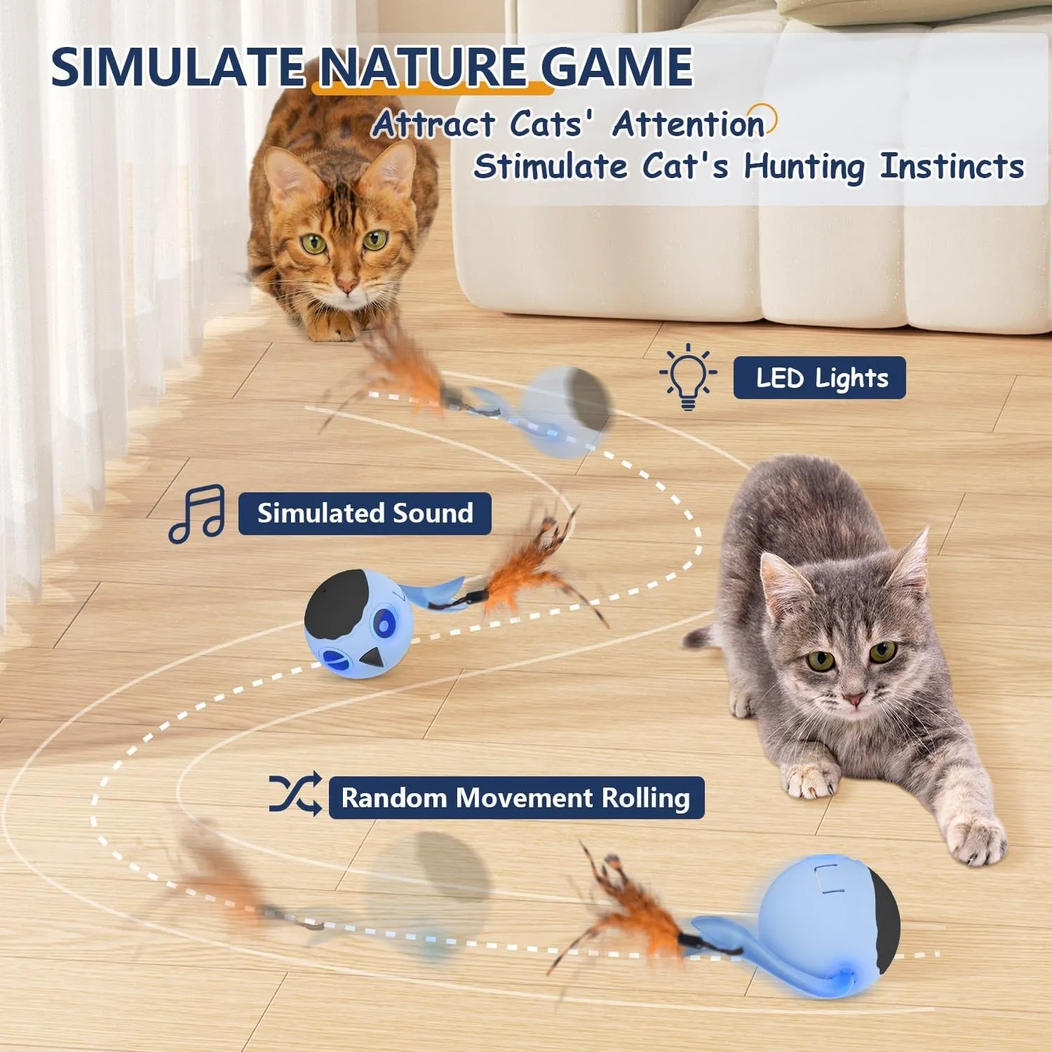 ORSDA Cat Toys, Interactive Cat Toy for Indoor Cats, Automatic Moving Ball Bird for Indoor Adult Cats Kitten Toys All Breeds, Fast Rolling Motion Activated Chirping Stimulating Light, 2 Feather Refill