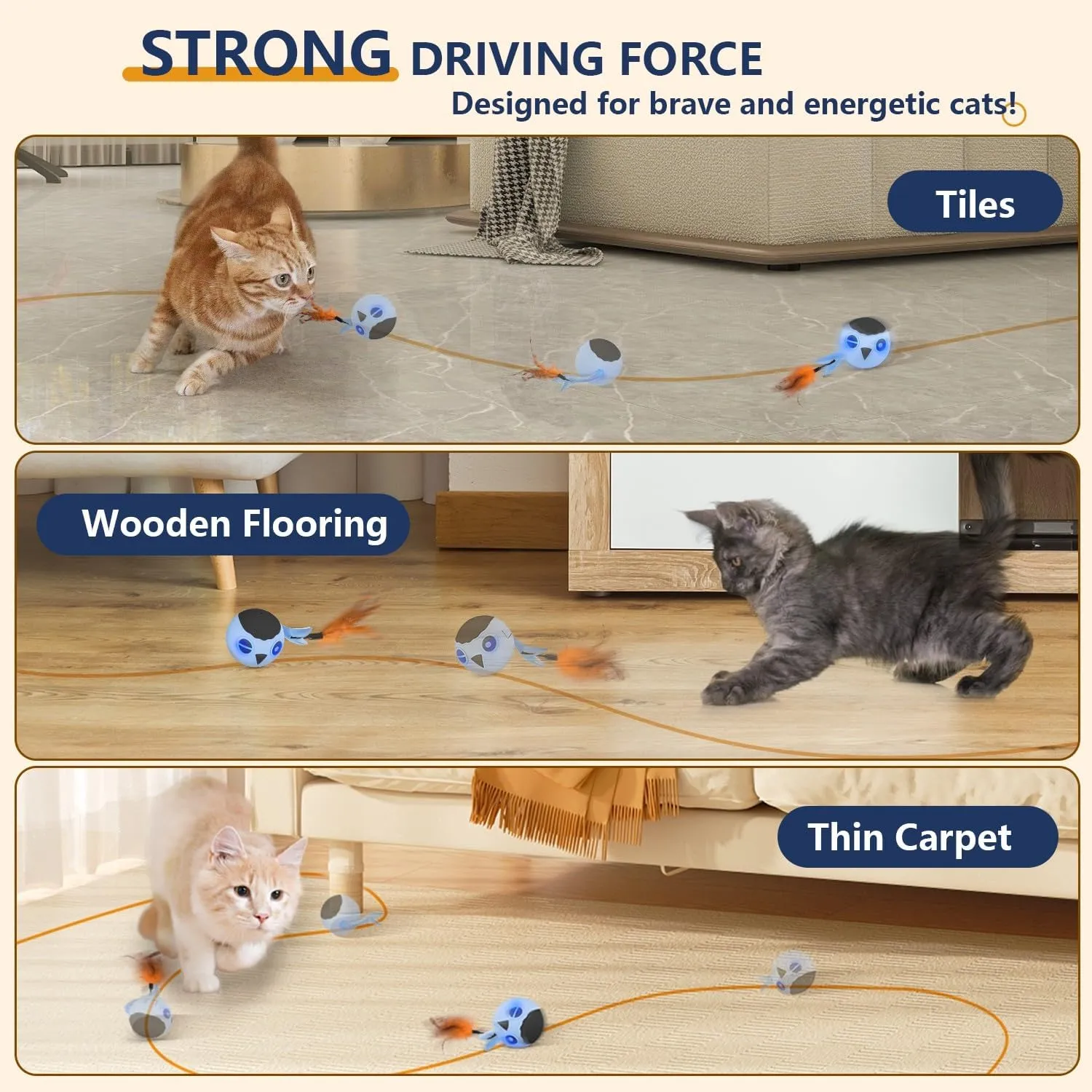 ORSDA Cat Toys, Interactive Cat Toy for Indoor Cats, Automatic Moving Ball Bird for Indoor Adult Cats Kitten Toys All Breeds, Fast Rolling Motion Activated Chirping Stimulating Light, 2 Feather Refill