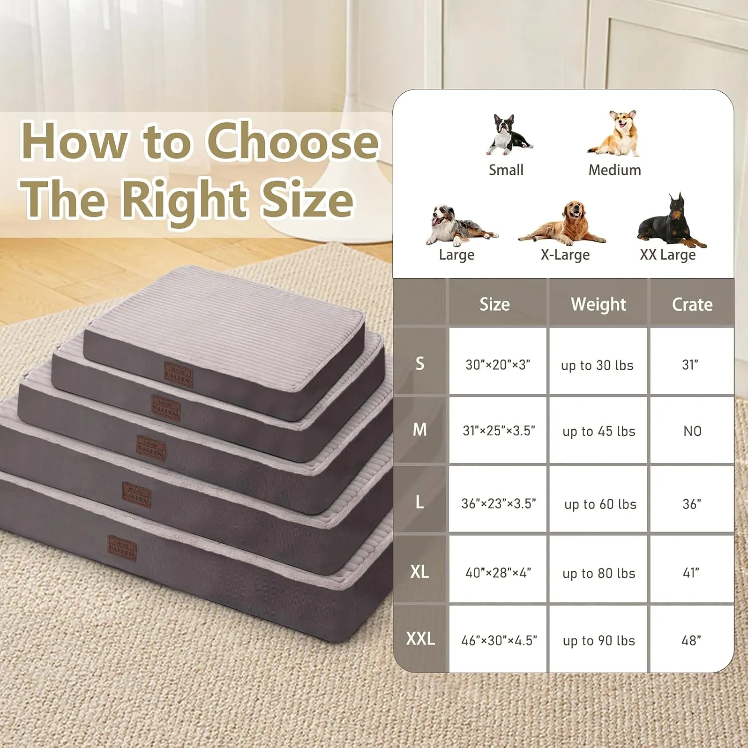 Orthopedic Dog Beds for XL, Large, Medium, Small Dogs - Soft Plush Washable with Egg Crate Foam, Waterproof with Removable Cover & Anti-Slip Bottom, Comfy Striped Dog Bed for Crate, 40x28 Inch, Gray