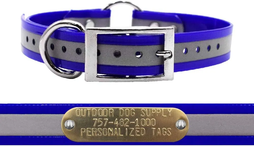 Outdoor Dog Supply's 1" Wide Reflective Ring in Center Dog Collar Strap with Custom 3/4" Tag (18" Long, Reflective Dark Blue)
