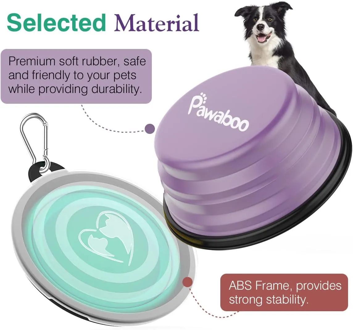 Pawaboo Collapsible Dog Bowls 2 Pack, Silicone Feeding Watering Bowls with Lids & Carabiners for Dogs Cats, Portable Collapsable Water Feeder Food Bowl for Walking Traveling Home Use, VioletTurquoise