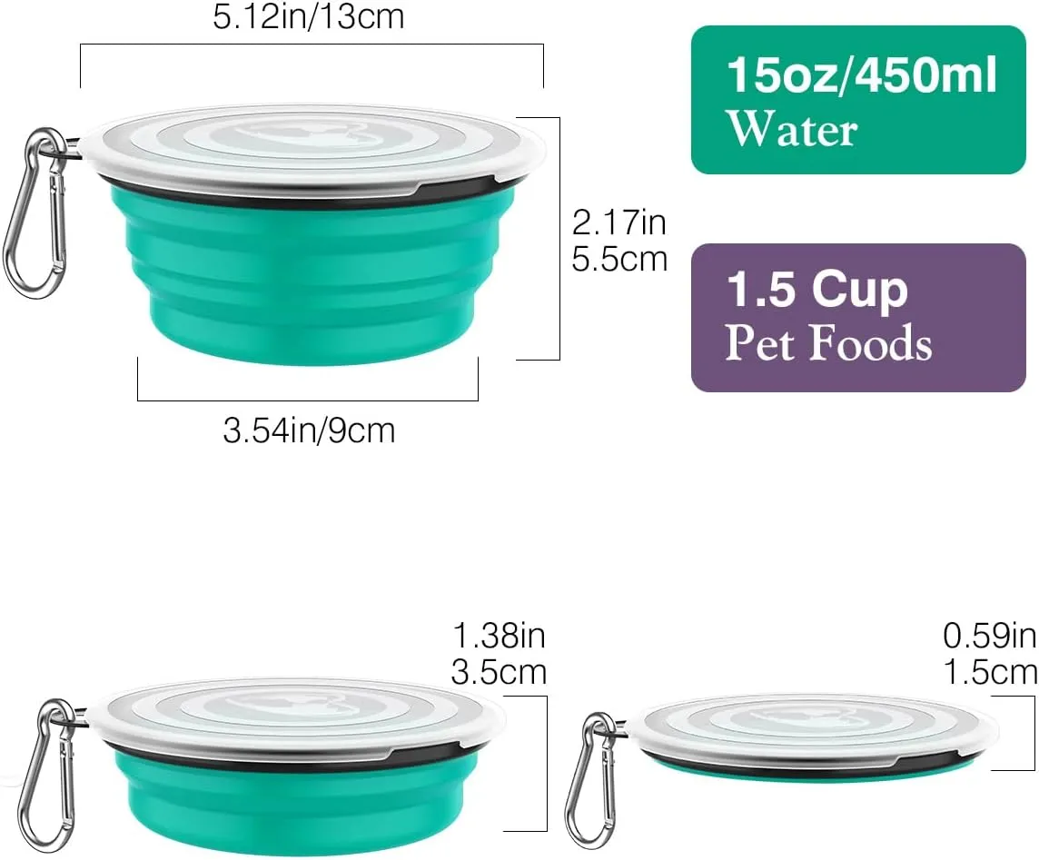 Pawaboo Collapsible Dog Bowls 2 Pack, Silicone Feeding Watering Bowls with Lids & Carabiners for Dogs Cats, Portable Collapsable Water Feeder Food Bowl for Walking Traveling Home Use, VioletTurquoise