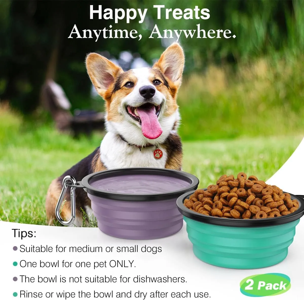 Pawaboo Collapsible Dog Bowls 2 Pack, Silicone Feeding Watering Bowls with Lids & Carabiners for Dogs Cats, Portable Collapsable Water Feeder Food Bowl for Walking Traveling Home Use, VioletTurquoise