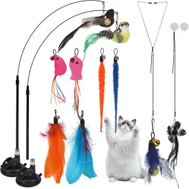 PAWCHIE Cat Toy,Interactive Cat Feather Toy,Suction Cup Cat Bird Simulation Toy Set,Self Play Cat Kitten Toys for IndoorCat Wand Toy 10 PCS Cat Feather Replacement Toys,Hanging String and Mouse Toy