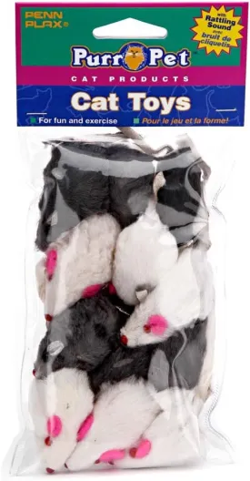 Penn-Plax Play Fur Mice Cat Toys | Mixed Bulk Bag of 12 Play Mice with Rattling Noise | 3 Color Variety Pack - CAT531, Black and White