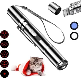 Pet Cat Laser Toy, USB Rechargeable Handheld Pointer, 5 Red Laser Patterns, Suitable Indoor Interaction with Cats or Dogs