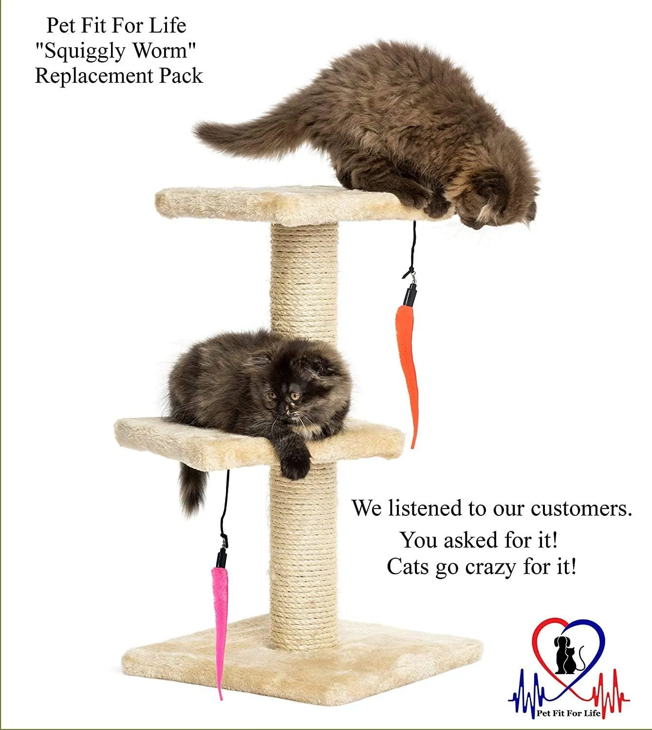 Pet Fit For Life - 5 Piece Kitten Toy Refill Pack - Replacement for Indoor Cat's Interactive Wand and Catch Wand - Features 5 Assorted Soft Squiggly Worm Attachments