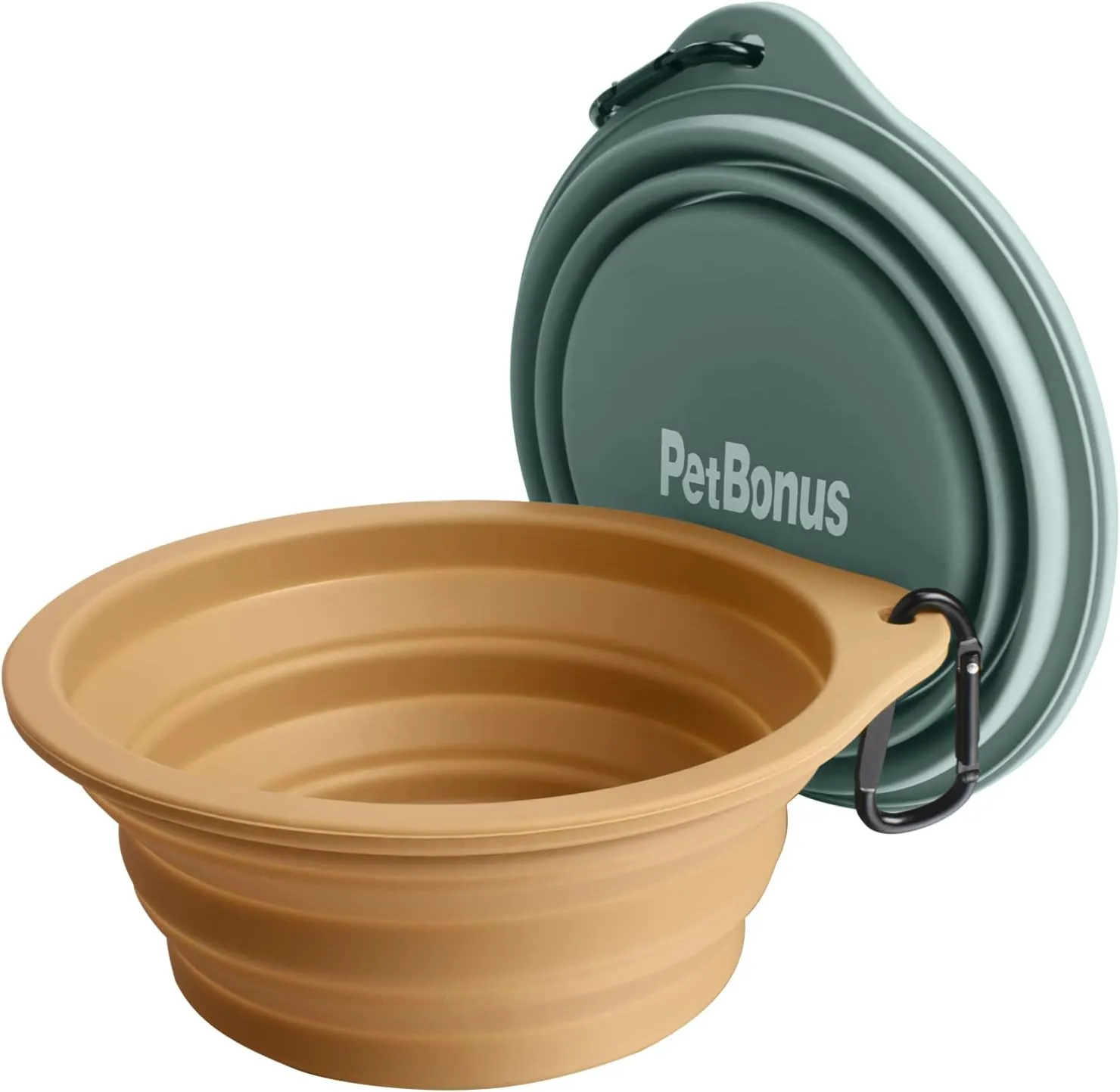 PetBonus 2-Pack Silicone Collapsible Dog Bowls, BPA Free Dishwasher Safe, Portable Foldable Expandable Travel Bowl, Food Water Feeding Cup Dish for Dogs Cats with 2 Carabiners (Turquoise, Tan)