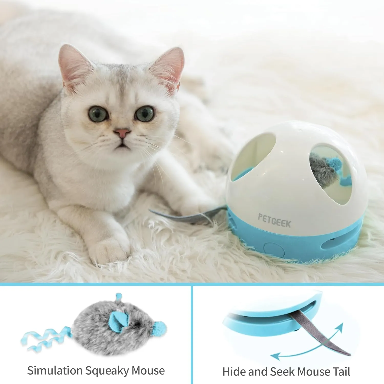 PETGEEK Hidey Mouse Electronic Interactive Cat Toy, Hide Mouse Cat Toy with Squeaky Mouse, Automatic Cat Toys with Catnip Filled Hidey Mouse, Cat Toys Interactive for Indoor Cats Play (Blue)
