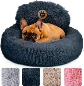 PetJett Calming Dog Bed - Donut Dog Beds for Small, Medium, Large Dogs, Anti-Slip & Washable Round Dog Bed - Fluffy Plush Faux Fur Pet Bed, Anti-Anxiety Puppy Bed, 23'' Fits Up to 25 lbs, Dark Grey