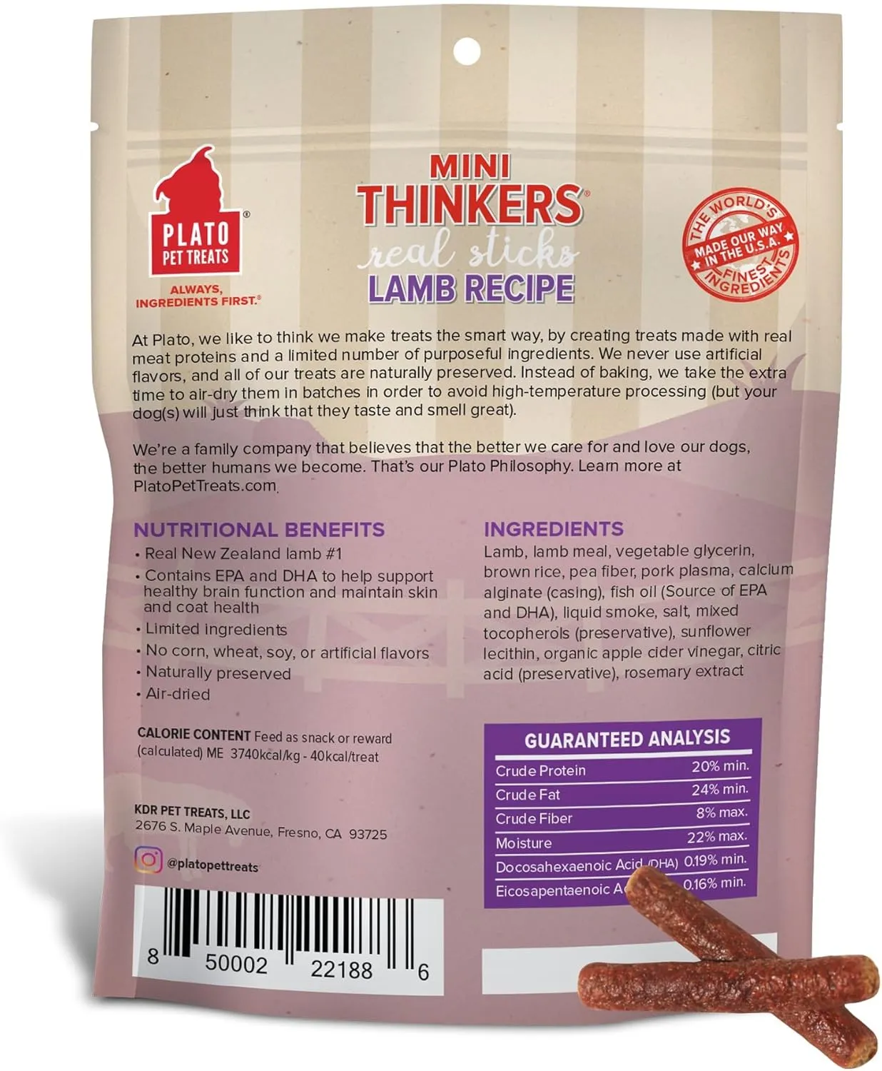 Plato Pet Treats Thinkers - Meat Stick Treats for Dogs - Limited Ingredient Dog Treats with EPA and DHA to Support Skin, Coat, and Brain - Air-Dried Dog Treats - Mini Thinkers Lamb 6oz