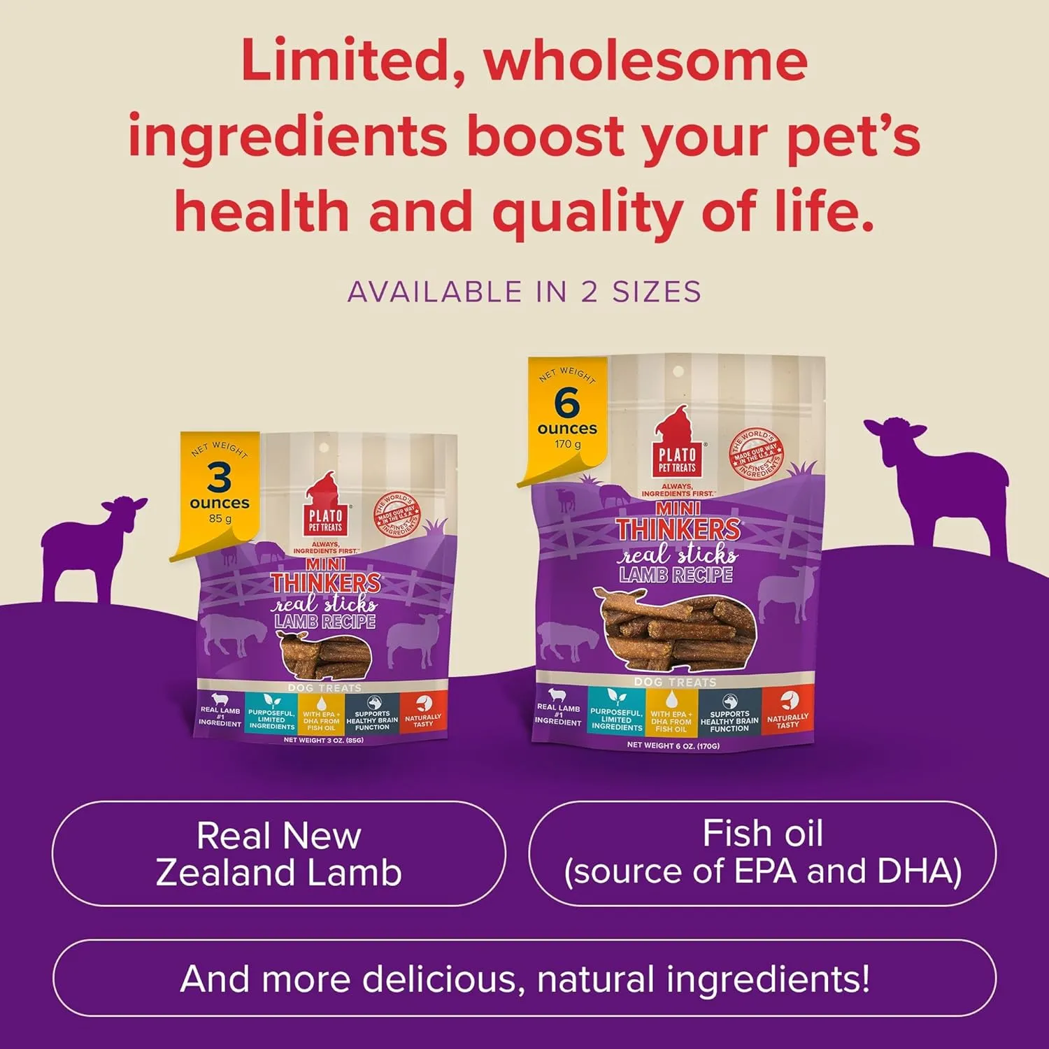 Plato Pet Treats Thinkers - Meat Stick Treats for Dogs - Limited Ingredient Dog Treats with EPA and DHA to Support Skin, Coat, and Brain - Air-Dried Dog Treats - Mini Thinkers Lamb 6oz