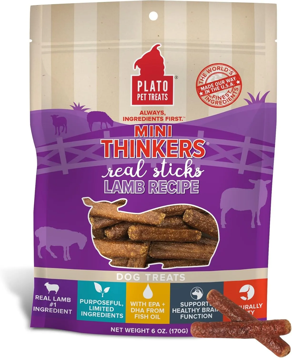 Plato Pet Treats Thinkers - Meat Stick Treats for Dogs - Limited Ingredient Dog Treats with EPA and DHA to Support Skin, Coat, and Brain - Air-Dried Dog Treats - Mini Thinkers Lamb 6oz