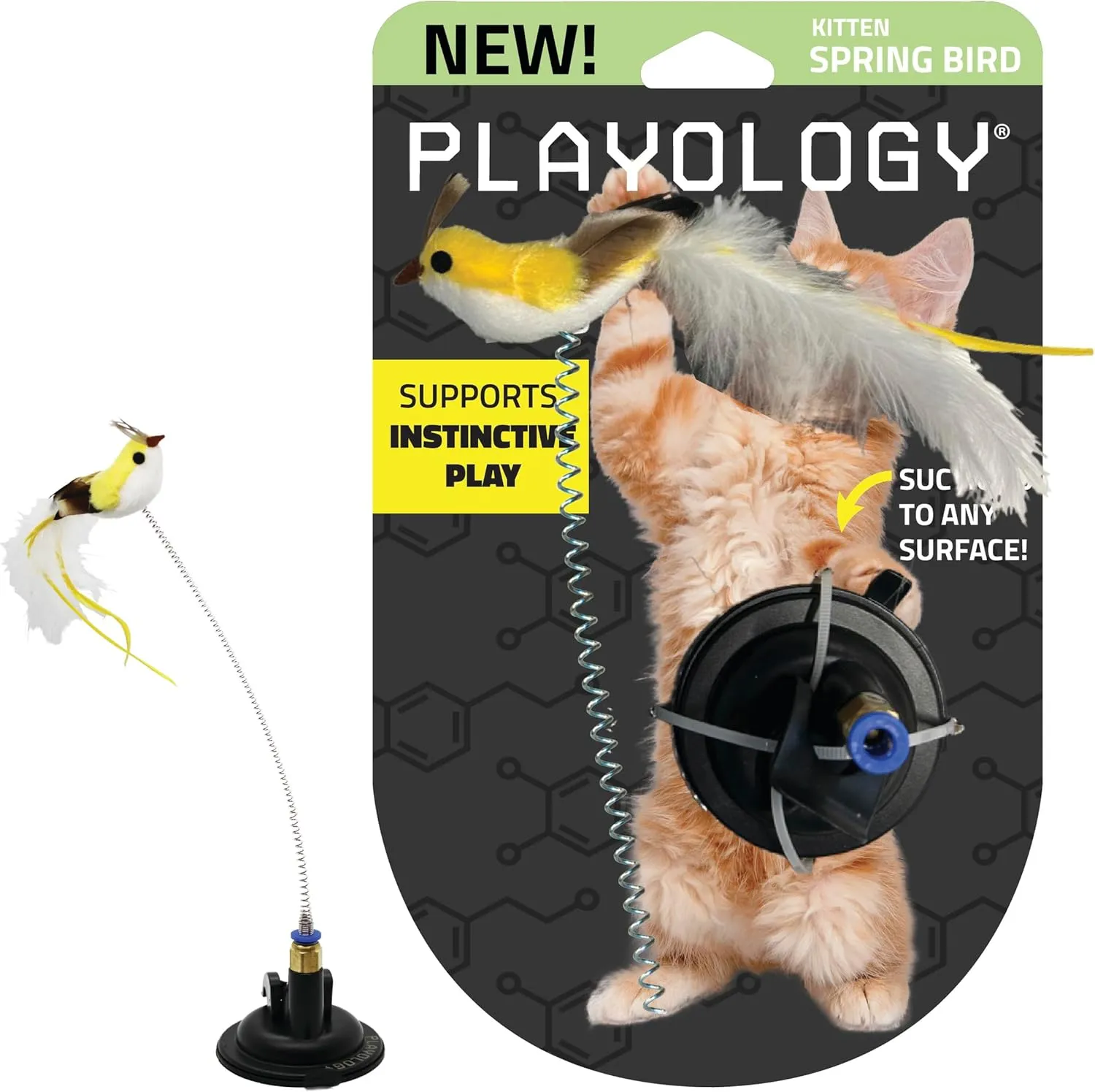 Playology Cat Toy Suction Cup Spring Bird | Interactive Toy with Lifelike Feather Bird | Secure Suction Cup with Unpredictable Movement | Perfect for Active Indoor Cats