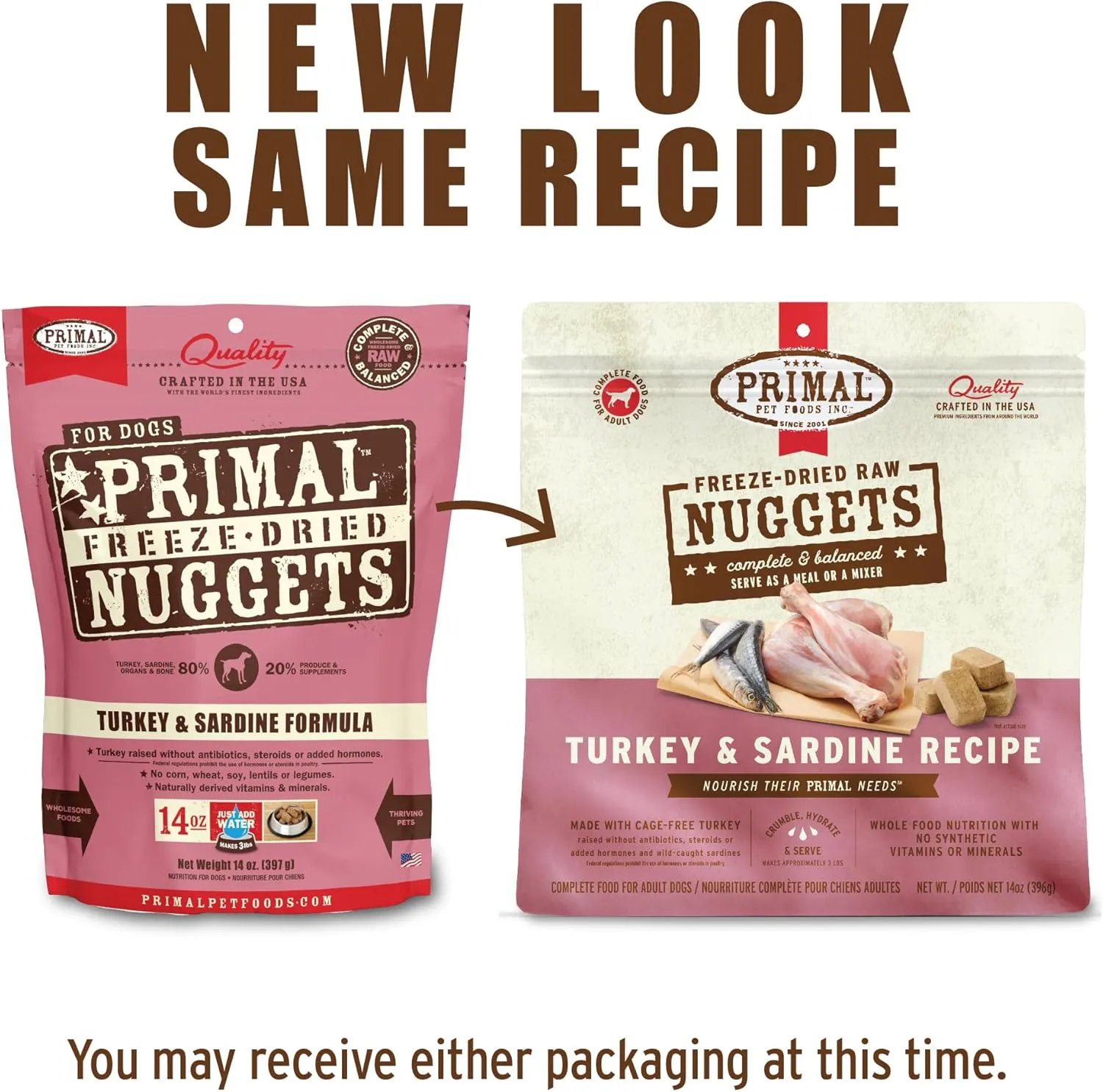 Primal Freeze Dried Raw Dog Food Nuggets, Turkey & Sardine Complete & Balanced Meal, Also Use as Topper or Treat, Premium, Healthy, Grain Free, High Protein Raw Dog Food, 14 oz