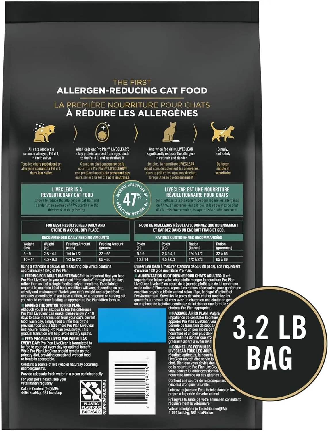 Purina Pro Plan Allergen Reducing, High Protein Cat Food, LIVECLEAR Turkey and Oatmeal Formula - 3.2 lb. Bag