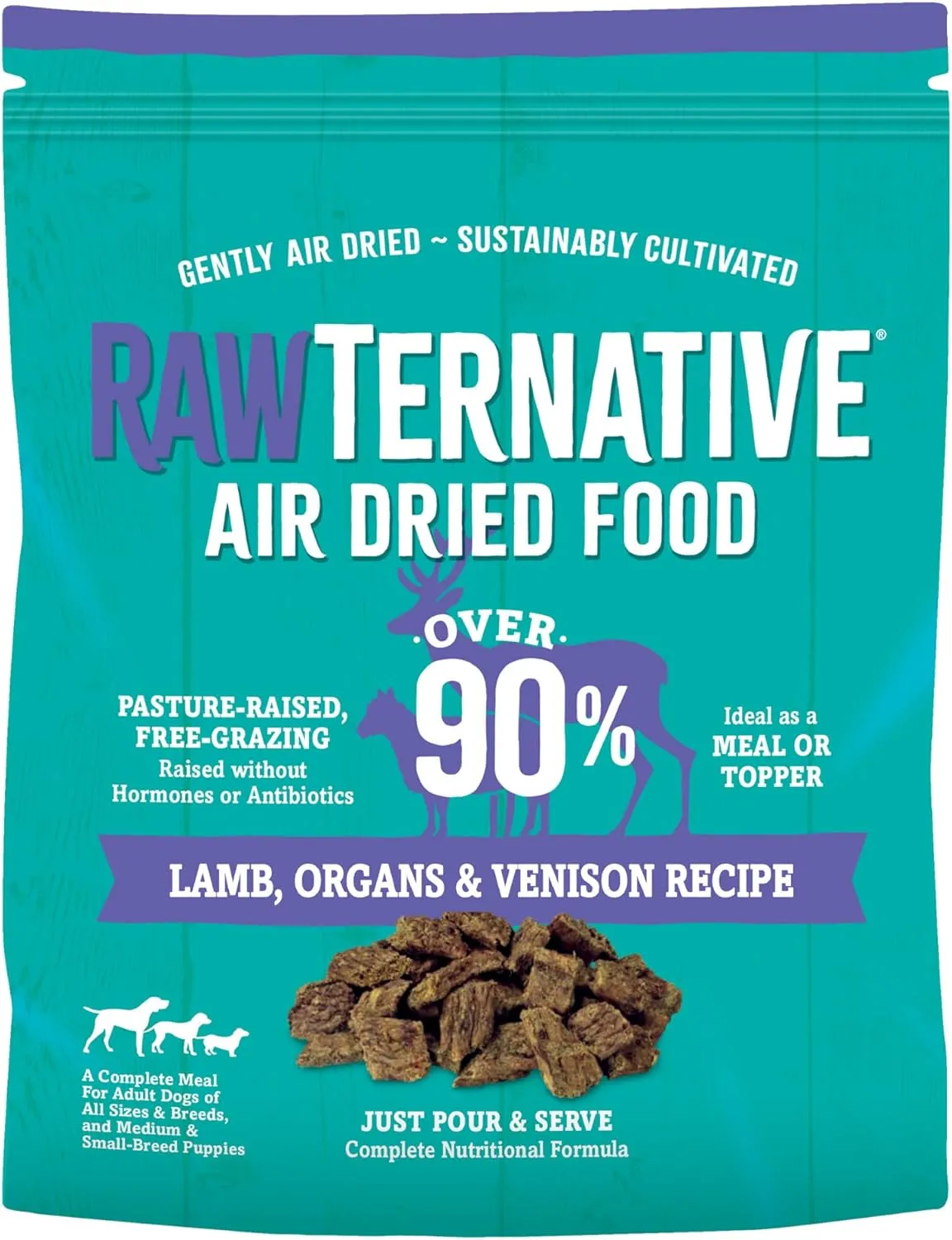 RawTernative Air Dried Dog Food, High Protein, Over 90% Real Lamb, Organs, & Venison   New Zealand Green Mussels, Complete Meal or Topper, Grain Free, Gluten Free, Non GMO, (5 oz Bag)
