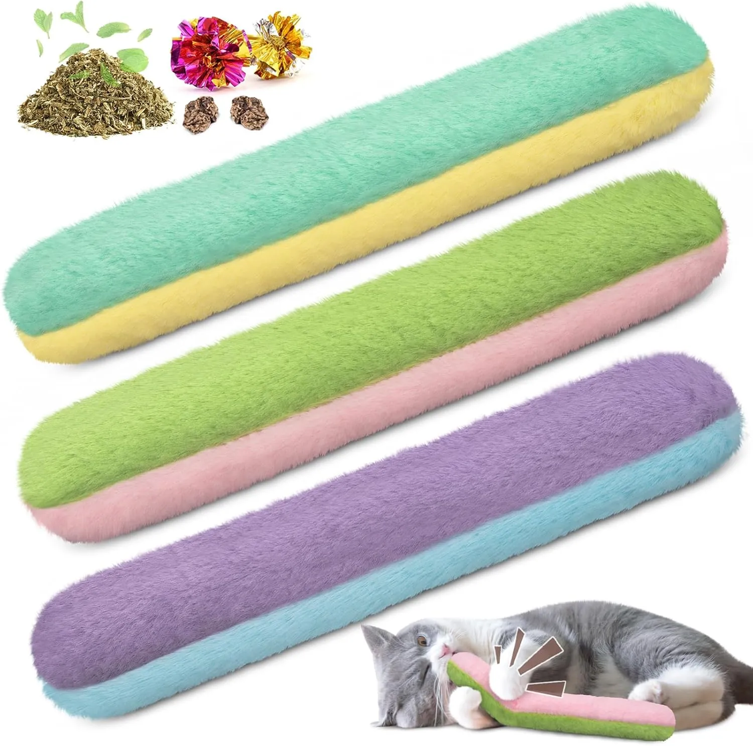Retro Shaw Cat Toys Pillows 3 Pcs,Refillable Catnip Toys with Crinkle Sound Inside,Interactive Indoor Kitty Kicker Toy,Cat Nip Kitten Kick Sticks 10.1 Inches