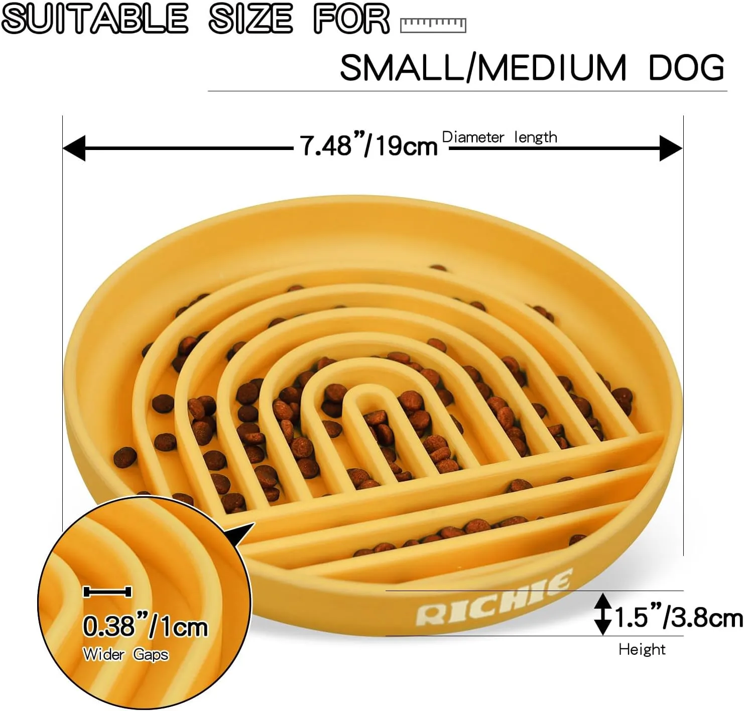 RICHIE Slow Feeder Dog Bowls with Suction Cups, Silicone Puzzle Bowl for Slow Eating, Pets Slow Feeder Non-Slip Design Dishwasher Microwave Safe for Small Medium Dogs, Yellow