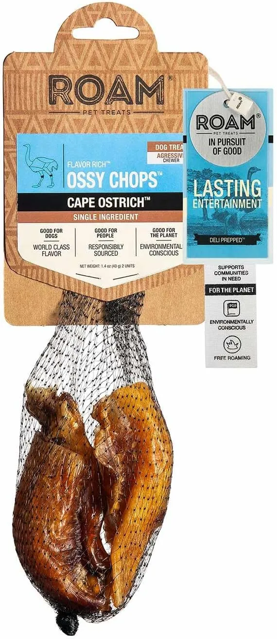 ROAM PET TREATS Ossy Chops 2pk Dog Treats, Single Sourced Novel Proteins Long Lasting Chews Made from Ostrich for Dogs