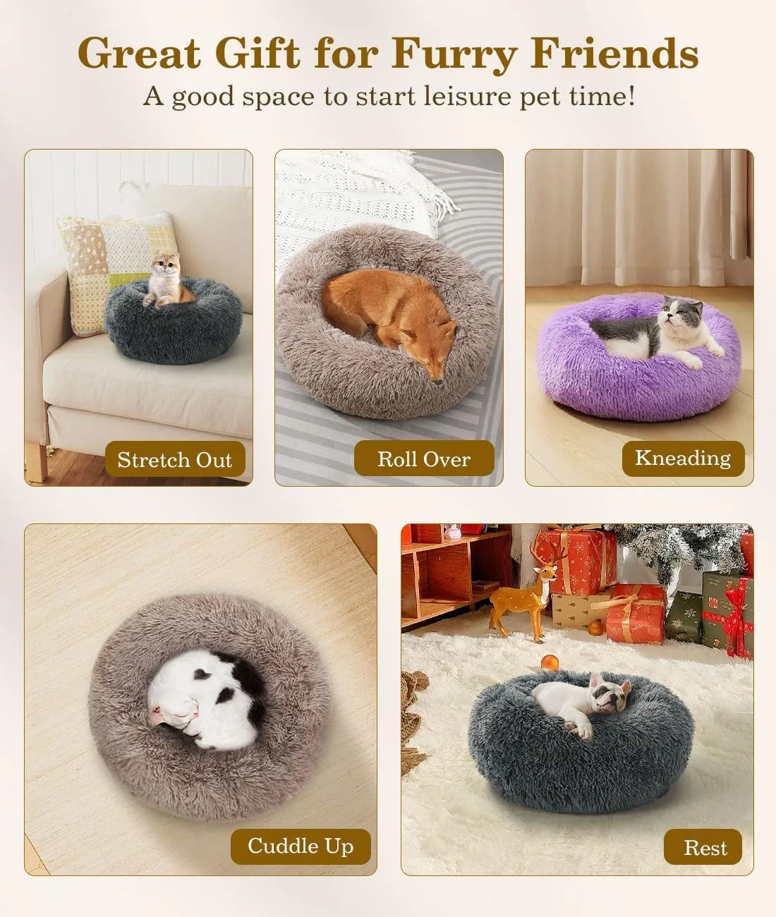 Round Dog Bed for Small Dogs, Donut Cuddler Plush Cat Calming Bed with Machine Washable, Non-Slip Fluffy Dog & Cat Calming Cushion Bed for Joint-Relief and Sleep Improvement, S Size, Khaki
