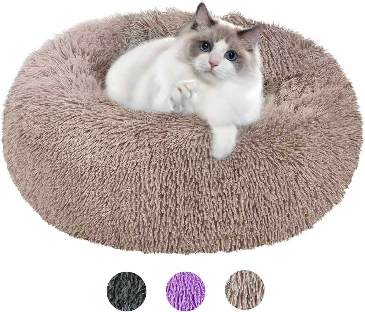 Round Dog Bed for Small Dogs, Donut Cuddler Plush Cat Calming Bed with Machine Washable, Non-Slip Fluffy Dog & Cat Calming Cushion Bed for Joint-Relief and Sleep Improvement, S Size, Khaki