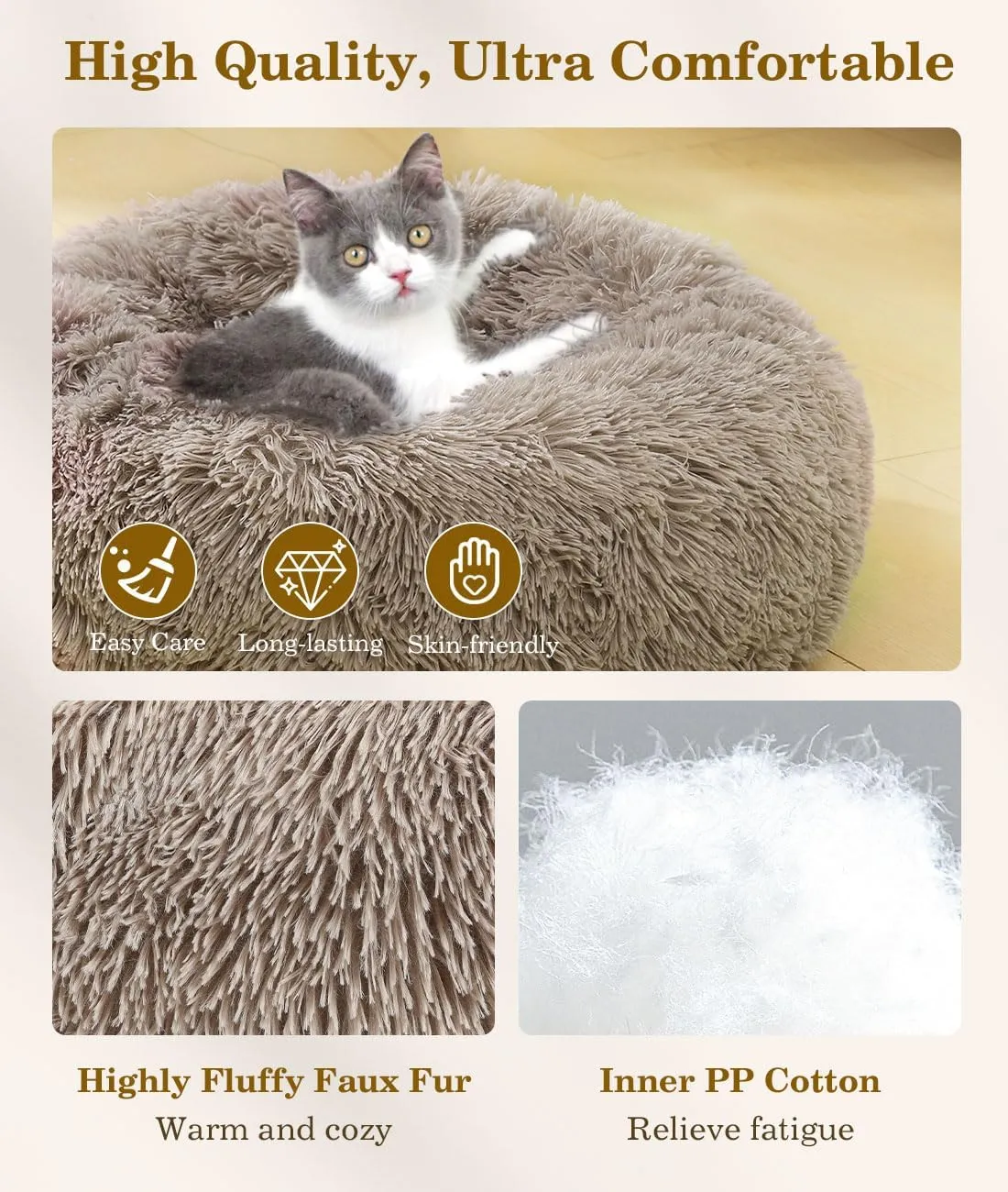 Round Dog Bed for Small Dogs, Donut Cuddler Plush Cat Calming Bed with Machine Washable, Non-Slip Fluffy Dog & Cat Calming Cushion Bed for Joint-Relief and Sleep Improvement, S Size, Khaki