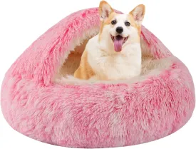 Round Hooded Cat & Dog Bed Cave, Faux Fur Cuddler - Donut Bed Fits up to 5 lbs Pets (Pink, 16" x 16")