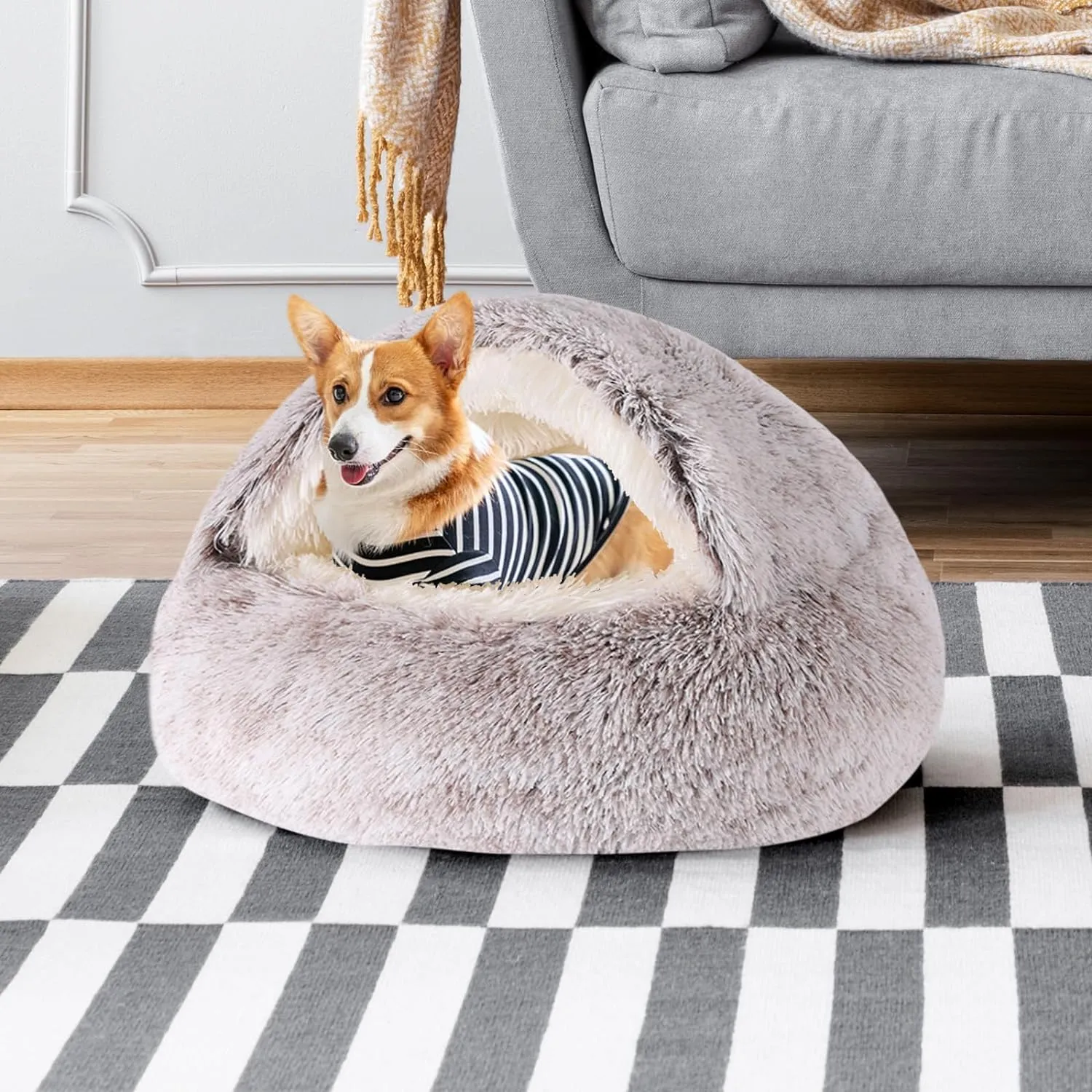 Round Hooded Cat Bed & Dog Bed with Cover Cave, Dog Bed for Small Dogs, Faux Fur Cuddler Round Coved Cat Bed Self Warming Donut Dog Bed Fits up to 22 lbs Pets(Coffee, 24inch x 24inch)